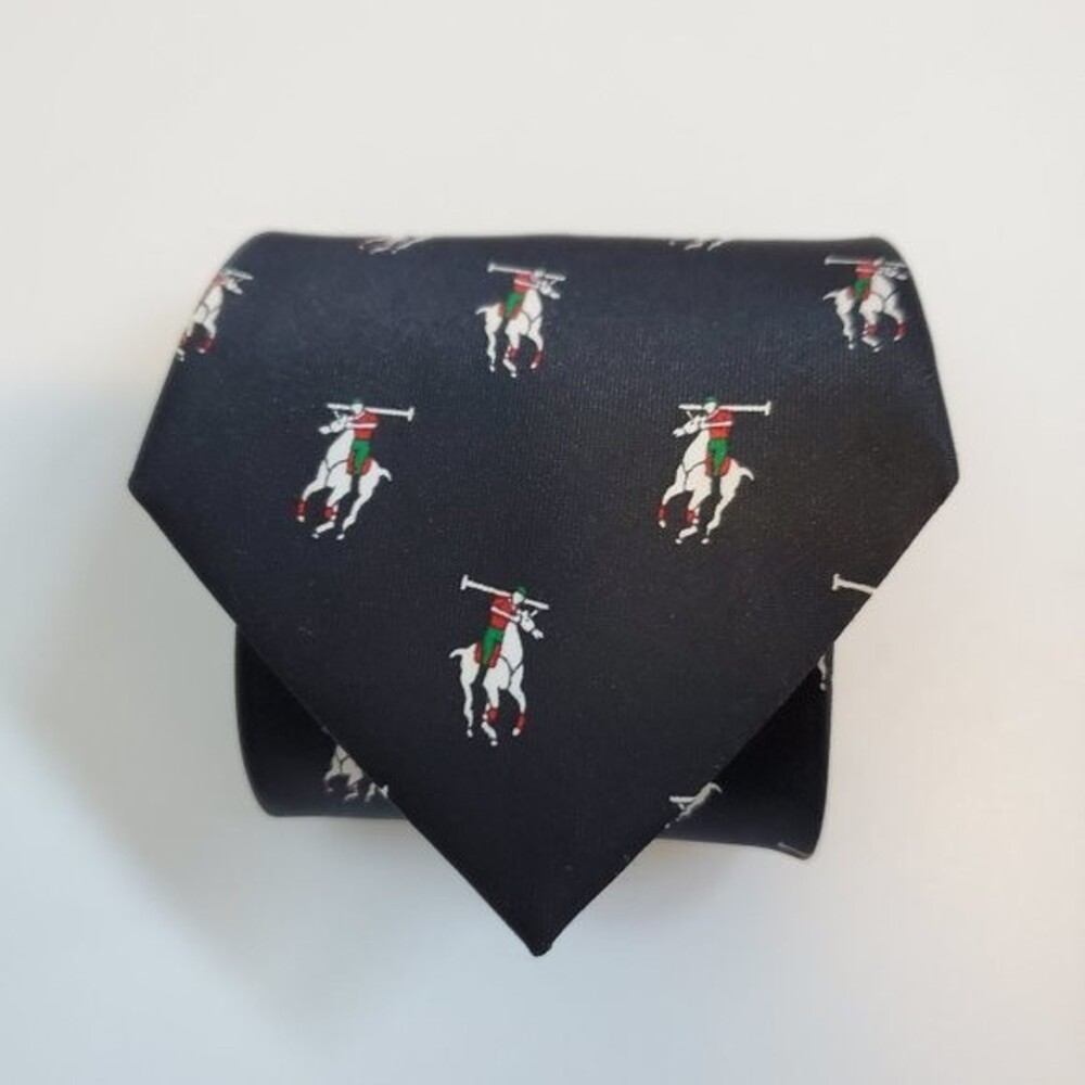 Vintage Mercedes Navy Polo Print Silk Tie